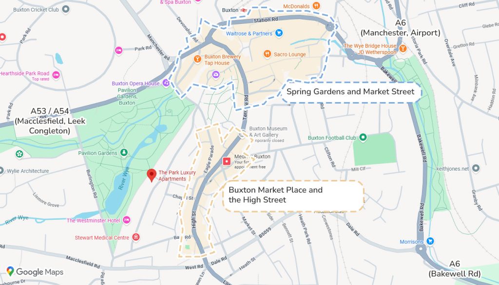 A map of buxton, highlighting the locations of The Park Apartments, the Market Place and Spring Gardens