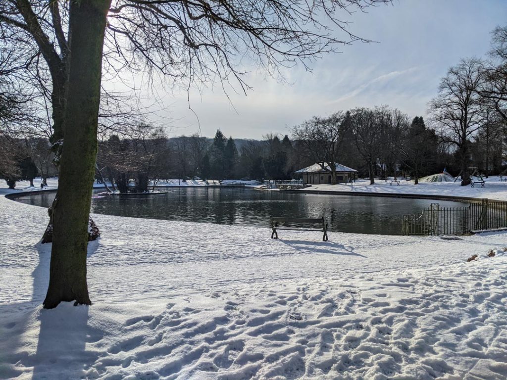 A snowy Pavilion Gardens - one of the best places in England to see a White Christmas